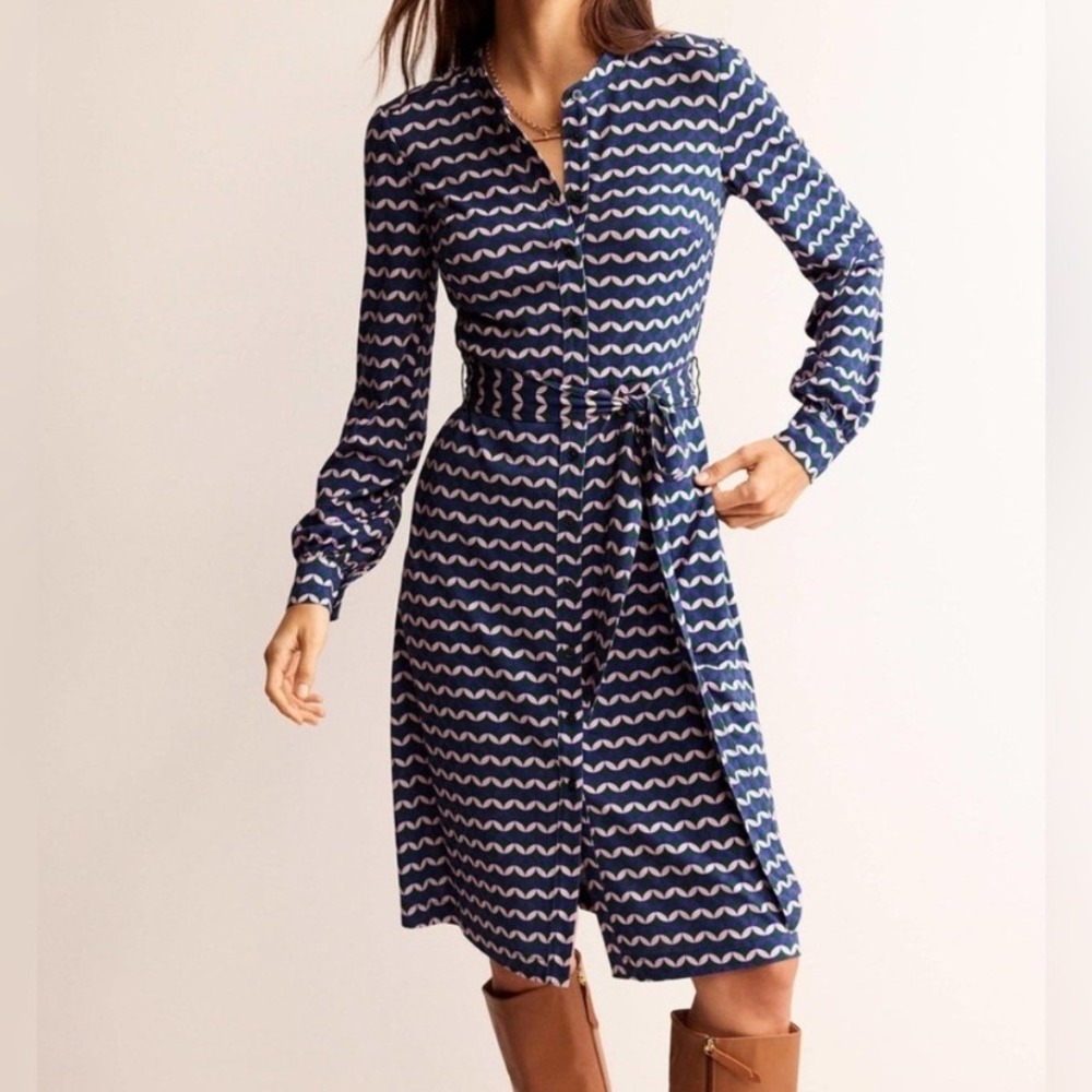 Boden Navy Wave-Print Long Sleeve Shirt Dress